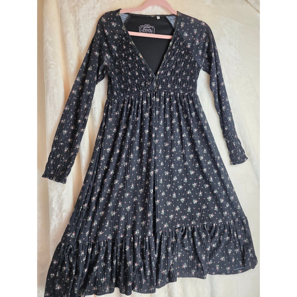 Panhandle Black Floral Smocked‎ V Neck Long Sleeve Midi Dress Women's S